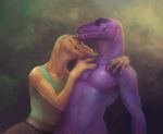  2019 asurii clothed clothing digital_media_(artwork) dinosaur hug klongi lizard male male/male nude painting reptile scalie smile smirk wide_hips 