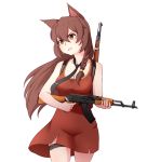  1girl 2ch.ru ak-47 animal_ears assault_rifle backpack bag bandage bolt_action braid breasts brown_hair cat_ears cat_tail deredereday everlasting_summer gun holding holding_gun holding_weapon long_hair mosin-nagant open_mouth playerunknown&#039;s_battlegrounds ribbon rifle simple_background solo tail uvao-tan weapon white_background yellow_eyes 