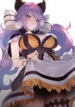  1girl black_capelet blurry blush breasts capelet closed_mouth commentary_request cowboy_shot depth_of_field doushite dress dress_lift frills from_below garters granblue_fantasy hair_ribbon heavy_breathing large_breasts lavender_hair leg_garter lifted_by_self long_hair looking_at_viewer low_twintails purple_eyes ribbon satyr_(granblue_fantasy) solo thigh_strap thighs twintails very_long_hair wavy_hair 