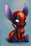  2016 4_toes alien black_claws blue_body blue_nose claws clothed clothing cosplay costume deadpool digital_drawing_(artwork) digital_media_(artwork) disney experiment_(species) gradient_background lilo_and_stitch marvel misspaigechristine notched_ear simple_background sitting solo stitch toes 