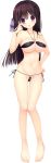  1girl barefoot bikini black_hair breasts full_body hair_ribbon half_updo halter_top halterneck hand_on_hip hand_on_own_face haruoto_alice_gram highres large_breasts long_hair looking_at_viewer navel o-ring o-ring_bikini official_art open_mouth purple_eyes ribbon rindou_yaya side-tie_bikini solo swimsuit takanae_kyourin transparent_background 