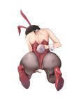  1girl absurdres all_fours animal_ears ass back bbdaoa_(1446759744) black_hair black_legwear blurry blurry_background bunny_ears bunny_tail fake_animal_ears fake_tail from_behind frontal_wedgie hairband high_heels highres leotard long_hair original red_footwear red_hairband red_leotard simple_background skindentation tail thighs unzipping wedgie white_background wrist_cuffs 