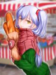  1girl ^jj^ bag baguette blurry blurry_background bread food from_side gloves green_sweater hair_between_eyes hair_ornament holding holding_bag hoshino_ruri kidou_senkan_nadesico long_hair long_sleeves looking_at_viewer mittens outdoors paper_bag red_gloves red_scarf ribbed_sweater scarf silver_hair smile solo standing striped striped_scarf sweater twintails yellow_eyes 