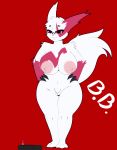  2018 anthro arcade_stick breasts claws dibujosv12 digital_drawing_(artwork) digital_media_(artwork) eyewear female fur glasses hi_res mammal nintendo nipples pok&eacute;mon pok&eacute;mon_(species) pussy red_eyes simple_background smile solo video_games white_fur wide_hips zangoose 