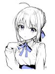  1girl artoria_pendragon_(all) bangs blue_bow blue_eyes bow braid breasts collared_shirt eyebrows_visible_through_hair fate/stay_night fate_(series) fingernails hair_between_eyes hair_bow hand_up head_tilt highres ichiren_namiro looking_at_viewer monochrome parted_lips saber shirt sidelocks signature small_breasts solo upper_body 