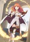  1girl arch black_legwear book boots breasts cape celica_(fire_emblem) detached_collar dress earrings fingerless_gloves fire fire_emblem gloves holding holding_book indoors jewelry long_hair looking_at_viewer medium_breasts nintendo open_book red_eyes red_hair short_sleeves smile solo weapon white_cape white_footwear yayster 