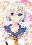  1girl :d blue_eyes blush cherry_blossoms commentary fan gloves gunp hair_ornament hair_over_one_eye hairclip hamakaze_(kantai_collection) kantai_collection looking_at_viewer neckerchief open_mouth sailor_collar school_uniform serafuku short_hair silver_hair smile solo upper_body white_gloves yellow_neckwear 