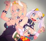  2girls aqua_eyes bangs bare_shoulders black_collar black_dress black_nails blonde_hair blue_earrings blunt_bangs bowsette bracelet breasts claw_pose cleavage cleavage_cutout collar crown dress e503com earrings gradient gradient_background grey_background hair_ornament hairclip high_collar horns jewelry kaguya_luna large_breasts long_hair looking_at_viewer mario_(series) multicolored multicolored_nails multiple_girls nail_polish new_super_mario_bros._u_deluxe nintendo open_mouth pointy_ears ponytail ribbon sash sharp_teeth sleeveless sleeveless_dress spiked_armlet spiked_bracelet spiked_collar spiked_shell spikes strapless strapless_dress striped_nails super_crown teeth the_moon_studio turtle_shell virtual_youtuber white_hair white_ribbon wrist_ribbon x_hair_ornament yellow_nails 
