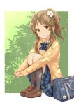  1girl bag beige_cardigan black_legwear blue_neckwear blue_skirt bow bowtie brown_eyes brown_footwear brown_hair eyebrows_visible_through_hair flower full_body hair_flower hair_ornament idolmaster idolmaster_cinderella_girls kneehighs loafers long_hair looking_at_viewer mugi_(banban53) plaid plaid_neckwear plaid_skirt pleated_skirt ponytail school_bag shoes sitting skirt smile solo takamori_aiko 