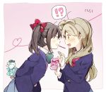  !? 2girls arms_behind_back bad_id bad_twitter_id black_hair blush bow bowtie brown_eyes brown_hair dated dghd food gift green_neckwear grin hair_bow heart heart_of_string holding holding_gift long_hair long_sleeves looking_at_another love_live! love_live!_school_idol_project minami_kotori multiple_girls one_side_up open_mouth otonokizaka_school_uniform pink_background pocky pocky_day pocky_kiss profile red_bow red_eyes red_neckwear school_uniform shared_food smile spoken_interrobang sweat twintails yazawa_nico yuri 