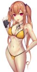  1girl :p absurdres arm_behind_back bangs bare_shoulders bikini black_gloves blush breasts brown_hair cleavage cowboy_shot eyebrows_visible_through_hair fingerless_gloves franz_(217franz) girls_frontline gloves hair_between_eyes hair_ornament hairclip hand_up highres large_breasts long_hair looking_at_viewer medium_breasts navel red_eyes scar scar_across_eye sidelocks simple_background skindentation smile solo standing stomach swimsuit thighs toned tongue tongue_out twintails ump9_(girls_frontline) white_background yellow_bikini 