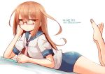  1girl ass bare_legs blue_sailor_collar blue_swimsuit brown_eyes brown_hair cellphone chin_rest cosplay dated eyebrows_visible_through_hair flat_chest glasses hair_between_eyes hakuun_(m2230) i-58_(kantai_collection) i-58_(kantai_collection)_(cosplay) kantai_collection legs_up long_hair looking_at_viewer lying mochizuki_(kantai_collection) on_stomach one-piece_swimsuit phone pink_neckwear red-framed_eyewear sailor_collar school_swimsuit school_uniform serafuku shadow smartphone solo swimsuit swimsuit_under_clothes twitter_username 