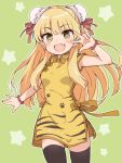  +_+ 1girl :d animal_print black_legwear blonde_hair blush bow breasts bun_cover chinese_clothes ddak5843 double_bun dress earrings fang green_background hair_down hand_up idolmaster idolmaster_cinderella_girls jewelry jougasaki_rika long_hair looking_at_viewer open_mouth orange_bow print_dress simple_background small_breasts smile solo star starry_background thighhighs tiger_print v_over_eye very_long_hair yellow_dress yellow_eyes 