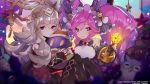  2girls artist_request bangs bare_shoulders bell bird black_legwear blunt_bangs cleo_(dragalia_lost) crown detached_sleeves dragalia_lost feh_(fire_emblem_heroes) fingerless_gloves fire_emblem fire_emblem_heroes frown gloves glowing grey_hair hair_between_eyes hair_ornament long_hair luca_(dragalia_lost) multiple_girls nintendo official_art owl pink_eyes pink_hair red_eyes sidelocks stuffed_toy twintails veronica_(fire_emblem) 