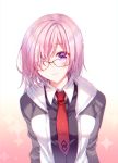  1girl black-framed_eyewear collared_shirt eyebrows_visible_through_hair fate/grand_order fate_(series) glasses gradient gradient_background hair_over_one_eye jacket long_sleeves looking_at_viewer mash_kyrielight necktie open_clothes open_jacket pink_background pink_hair purple_eyes red_neckwear shirt short_hair silverplatin smile solo standing upper_body white_background white_shirt wing_collar 
