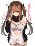  1girl bangs bare_shoulders black_bow black_jacket blush bow bow_bra bra breasts brown_hair commentary_request dress_shirt eyebrows_visible_through_hair flying_sweatdrops girls_frontline hair_between_eyes hair_bow hair_ornament hairclip hand_up highres jacket long_hair long_sleeves looking_at_viewer off_shoulder open_clothes open_jacket open_shirt panties panty_pull polka_dot polka_dot_bra polka_dot_panties pussy pussy_juice pussy_juice_stain ramchi red_eyes scar scar_across_eye shirt simple_background sleeves_past_wrists small_breasts solo sweat translation_request ump9_(girls_frontline) underwear very_long_hair white_background white_bra white_panties white_shirt 