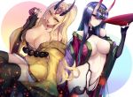  bangs bare_shoulders blonde_hair blush breasts cup earrings eyebrows_visible_through_hair facial_mark fang fate/grand_order fate_(series) highres holding holding_cup horns ibaraki_douji_(fate/grand_order) japanese_clothes jewelry kimono large_breasts long_hair long_sleeves looking_at_viewer makeup multiple_girls navel older oni oni_horns open_clothes open_kimono open_mouth pointy_ears purple_eyes purple_hair purple_kimono revealing_clothes sakazuki satou_daiji shuten_douji_(fate/grand_order) smile solo tattoo very_long_hair yellow_eyes 