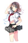  1girl ;) blue_eyes brown_hair cropped_legs eyebrows_visible_through_hair grey_sailor_collar grey_skirt hand_on_hip highres looking_at_viewer love_live! love_live!_school_idol_project midriff miniskirt neckerchief necktie one_eye_closed pleated_skirt red_neckwear sailor_collar school_uniform serafuku shiny shiny_hair shirt short_hair short_sleeves silverplatin simple_background skirt smile solo standing watanabe_you white_background white_shirt 