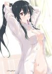  1girl arms_behind_head black_hair blush breasts brown_eyes collarbone day hair_tie_in_mouth indoors kantai_collection long_hair long_sleeves looking_at_viewer medium_breasts mikage_takashi morning mouth_hold naked_shirt navel no_bra open_clothes open_shirt ponytail scrunchie shirt sidelocks solo twitter_username tying_hair upper_body white_shirt window yahagi_(kantai_collection) 