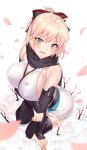  1girl absurdres black_bow black_legwear black_scarf blonde_hair blush bow breasts cherry_blossoms eyebrows_visible_through_hair fate_(series) from_above hair_bow highres koha-ace large_breasts looking_at_viewer okita_souji_(fate) okita_souji_(fate)_(all) open_mouth petals scarf sitting solo suigetsu_(hjs1106) teeth thighhighs wariza yellow_eyes 