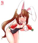  1girl alternate_costume animal_ears artist_logo black_leotard blush bow bowtie brown_eyes brown_hair bunny_ears bunny_tail bunnysuit cameltoe carrot collarbone commentary_request dated detached_collar downblouse flat_chest fumizuki_(kantai_collection) highres kanon_(kurogane_knights) kantai_collection leaning_forward leotard long_hair looking_at_viewer one_eye_closed open_mouth ponytail red_neckwear simple_background solo strapless strapless_leotard tail white_background wrist_cuffs 