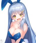  1girl animal_ears bare_shoulders bettle_(b_s_a_n) blue_hair breast_hold breasts bunny_ears bunny_girl bunny_tail bunnysuit cleavage crying crying_with_eyes_open earrings fake_animal_ears fang hair_ornament hairband highres jewelry large_breasts long_hair looking_at_viewer open_mouth oshiro_project_re peterhof_(oshiro_project) pom_pom_earrings simple_background solo tail tears upper_body very_long_hair wavy_mouth white_background yellow_eyes 