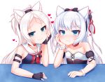  2girls :3 animal_ear_fluff animal_ears azur_lane bare_shoulders blue_eyes blush bow cat_ears choker collar collarbone commentary_request eyebrows_visible_through_hair fingerless_gloves gloves green_eyes hair_bow hairband hammann_(azur_lane) hand_on_own_cheek heart highres kirisame_mia long_hair looking_at_viewer maid multiple_girls red_neckwear sailor_collar siblings sims_(azur_lane) sisters sleeveless smug two_side_up wavy_mouth white_hair wrist_cuffs 