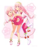  2girls ;d alternate_color alternate_costume alternate_eye_color alternate_hair_color alternate_hairstyle arm_rest armpit_peek bare_legs bare_shoulders blush boots braid breasts character_name cherry cherry_blossoms cleavage commentary detached_sleeves eyebrows_visible_through_hair eyelashes floating_hair flower food food_themed_ornament fruit full_body green_hairband hair_flower hair_ornament hairband hand_in_hair hand_on_own_cheek leaning leaning_forward long_skirt looking_at_viewer medium_breasts megurine_luka meiko multiple_girls nokuhashi number_tattoo one_eye_closed open_mouth pink_background pink_eyes pink_flower pink_footwear pink_hair pink_legwear pink_skirt pink_tank_top polka_dot polka_dot_background sakura_luka sakura_meiko short_hair shoulder_tattoo simple_background skirt smile standing standing_on_one_leg tank_top tattoo thighhighs twin_braids vocaloid white_background white_footwear 