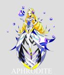  1girl absurdres aphrodite blonde_hair blue_eyes breasts character_name floating full_body greek_mythology grey_background hand_on_hip highres large_breasts long_hair looking_at_viewer original palow skin_tight smile solo sphere waist_cape 