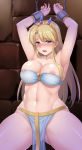  1girl armpits arms_up artemis_(phelios) bandeau blonde_hair blue_eyes blush bound bound_wrists breasts cowboy_shot cuffs gluteal_fold hormone_koijirou large_breasts loincloth long_hair looking_at_viewer navel nipple_slip nipples no_panties nose_blush parted_lips phelios restrained shackles sidelocks solo spread_legs sweat tiara 