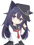  1girl :o akatsuki_(kantai_collection) anchor_symbol animal_ears bangs black_headwear black_sailor_collar black_skirt blush cat_ears commentary_request eyebrows_visible_through_hair flat_cap hair_between_eyes hat head_tilt highres ichi kantai_collection kemonomimi_mode long_hair long_sleeves necktie parted_lips pinching_sleeves pleated_skirt purple_eyes purple_hair red_neckwear sailor_collar shirt simple_background skirt sleeves_past_wrists solo very_long_hair white_background white_shirt 