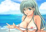  1girl :p alternate_costume aqua_eyes aqua_hair areolae bare_shoulders beach bikini_lift breasts cleavage collarbone commentary_request eyebrows_visible_through_hair hair_ornament hairclip kantai_collection large_breasts lifted_by_self looking_at_viewer nipples outdoors solo suzuya_(kantai_collection) takamaru_(akisora_drawing) tan tanline tongue tongue_out upper_bod 