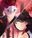  1boy 1girl absurdres adam_taurus artist_name bangs black_hair blake_belladonna bow close-up face forest highres horns leaf lips mask nature red_background red_hair rwby sunnypoppy tree wind yellow_eyes 