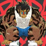  anthro clothed clothing fangs footwear fur male mammal mandrill monkey muscular muscular_male nipples primate shoes solo stripes text thymilph yellow_eyes 