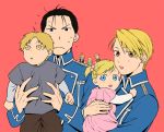  3girls 4boys :d :o ahoge alphonse_elric amestris_military_uniform black_eyes black_hair blonde_hair brown_eyes carrying couple dress edward_elric father_and_daughter father_and_son fingernails fullmetal_alchemist hanayama_(inunekokawaii) hetero mother_and_daughter mother_and_son multiple_boys multiple_girls nervous open_mouth pink_dress red_background riza_hawkeye roy_mustang short_hair simple_background smile sweatdrop twintails uncle_and_nephew uncle_and_niece winry_rockbell yellow_eyes 