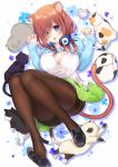  1girl animal_ears bangs black_footwear blue_cardigan blue_eyes blush breasts brown_hair brown_legwear cat cat_ears cat_tail chihiro_(khorosho) eyebrows_visible_through_hair feet full_body go-toubun_no_hanayome green_skirt hair_between_eyes headphones headphones_around_neck kemonomimi_mode large_breasts loafers long_hair long_sleeves looking_at_viewer nakano_miku panties panties_under_pantyhose pantyhose shirt shoe_removed shoes skirt solo tail thighband_pantyhose underwear white_panties white_shirt 