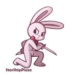  ambiguous_gender anthro beau_(starshippizza) bow_tie fur hi_res holding_object holding_weapon kneeling lagomorph leporid mammal melee_weapon pink_fur rabbit solo starshippizza sword weapon 