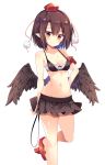  1girl armband bandeau bangs bare_arms bare_shoulders bikini black_bikini black_hair black_skirt black_wings blush breasts cleavage commentary_request eyebrows_visible_through_hair feathered_wings feet_out_of_frame geta groin hair_between_eyes hand_on_hip hat highres holding looking_at_viewer maturiuta_sorato medium_breasts miniskirt navel pleated_skirt pointy_ears pom_pom_(clothes) red_eyes red_footwear shameimaru_aya short_hair simple_background skirt smile solo standing standing_on_one_leg stomach swimsuit tassel tengu-geta thighs tokin_hat touhou white_background wings 