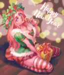  anthro candy candy_cane christmas clothed clothing domestic_pig english_text female food hi_res holidays kneeling legwear looking_at_viewer mammal rairru solo suid suina sus_(pig) text thigh_highs 