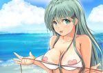  1girl :p alternate_costume aqua_eyes aqua_hair bare_shoulders beach bikini_lift breasts cleavage collarbone commentary_request eyebrows_visible_through_hair hair_ornament hairclip kantai_collection large_breasts lifted_by_self looking_at_viewer outdoors pasties solo suzuya_(kantai_collection) takamaru_(akisora_drawing) tongue tongue_out upper_body white_bikini_top 