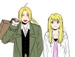 1boy 1girl ^_^ ahoge arm_at_side blonde_hair blue_eyes breasts carrying carrying_over_shoulder cleavage closed_eyes coat dress_shirt edward_elric eyebrows_visible_through_hair eyes_closed floating_hair fullmetal_alchemist grey_coat hanayama_(inunekokawaii) happy height_difference jacket long_hair looking_at_another open_mouth pink_shirt ponytail shirt simple_background smile suitcase teeth upper_body upper_teeth v-shaped_eyebrows vest white_background white_jacket white_shirt winry_rockbell 