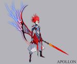  1boy absurdres apollo_(mythology) arm_blade armor character_name full_body glowing glowing_hair greek_mythology grey_background highres looking_at_viewer mecha_danshi orange_eyes original palow plate_armor red_hair serious solo sword weapon 