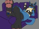  2019 3_toes absurd_res andythetanuki anthro canid canine clothed clothing digital_media_(artwork) duo fur hi_res human lucario lying macro male mammal massage micro nintendo open_mouth pawpads paws pok&eacute;mon pok&eacute;mon_(species) simple_background size_difference smile toes trainer video_games 