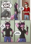  anthro canid canine clothed clothing comic dialogue duo english_text food fox fur hair hi_res inside male mammal mosa open_mouth pizza smile standing text zack_fox 