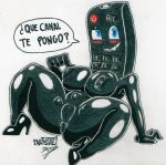  absurd_res animate_inanimate areola big_breasts breasts clothing controller female footwear hi_res high_heels humanoid nipples not_furry parasitedeath pussy remote_control shoes solo spanish text thick_thighs 