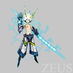 1boy abs bare_chest character_name chest_tattoo full_body gauntlets greek_mythology grey_background highres horns lightning lightning_bolt looking_at_viewer original palow pants polearm solo spear spiked_hair tattoo weapon white_hair yellow_eyes zeus 