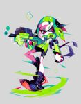  1girl agent_4_(splatoon) amakusa_(hidorozoa) bangs black_footwear black_shorts dashing diamond_(shape) full_body green_hair green_jacket grey_background gun headgear holding holding_gun holding_weapon ink_tank_(splatoon) inkling jacket leg_up long_sleeves looking_to_the_side medium_hair purple_eyes shoes short_shorts shorts simple_background splatoon_(series) splatoon_2 squidbeak_splatoon standing standing_on_one_leg v-shaped_eyebrows weapon 