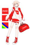  1girl ari_(arikoro88) bag bangs blonde_hair cevio coca-cola collar expressionless full_body highres holding holding_bag jacket_on_shoulders long_sleeves one_(cevio) print_shirt red_bag red_footwear shirt shoes short_hair solo square standing watch white_background white_shirt wristwatch 