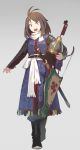  1girl :d antenna_hair armor bow_(weapon) brown_hair commentary fangdan_runiu full_body headwear_removed helmet helmet_removed looking_at_viewer medium_hair open_mouth original purple_eyes scabbard sheath sheathed simple_background smile solo surcoat sword weapon 