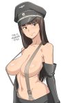  10s 1girl bangs bare_shoulders black_gloves black_hair breasts brown_eyes brown_hair covering_nipples elbow_gloves eyebrows_visible_through_hair female girls_und_panzer gloves groin hard_translated hat large_breasts linea_alba long_hair medium_breasts milf naked_suspenders navel nishizumi_shiho peaked_cap revealing_clothes simple_background skull_and_crossbones smile solo suspenders tenchisouha text_focus topless totenkopf translated uniform upper_body white_background 
